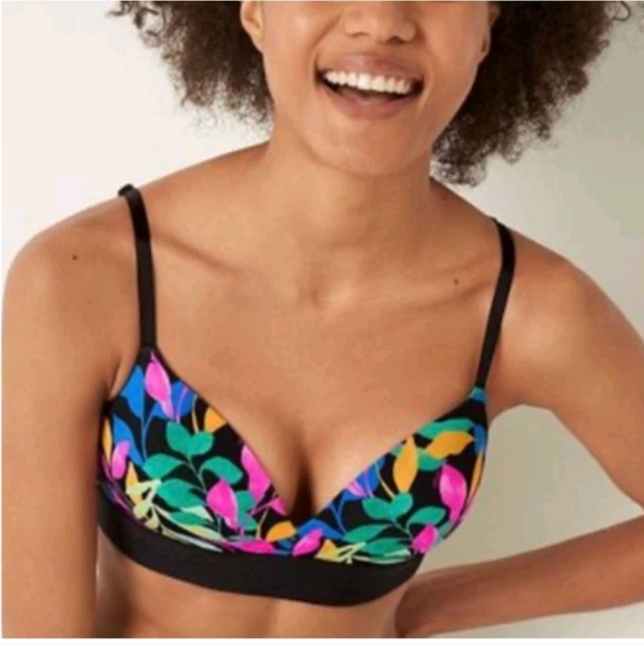 34C PINK VS Where Everywere Wireless Lightly Lined Bright Leaf Print Bra NWOT - Picture 3 of 7